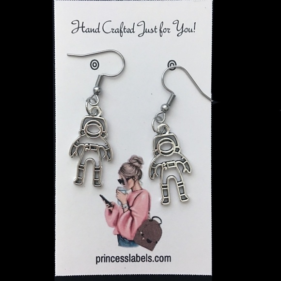 HAND Crafted Astronaut Dangle Earrings Silver Tone - Picture 3 of 5